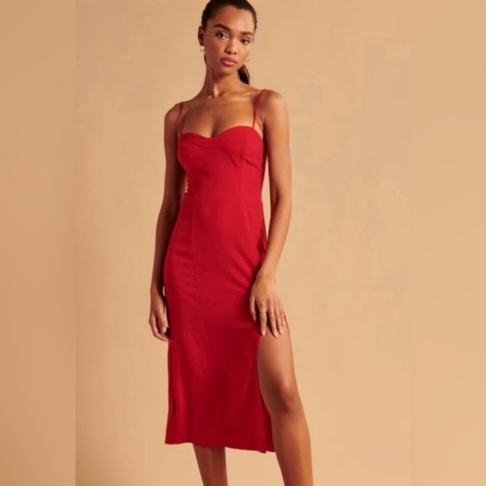 Abercrombie Red Bustier Midi Dress Side Slit NWT Size M